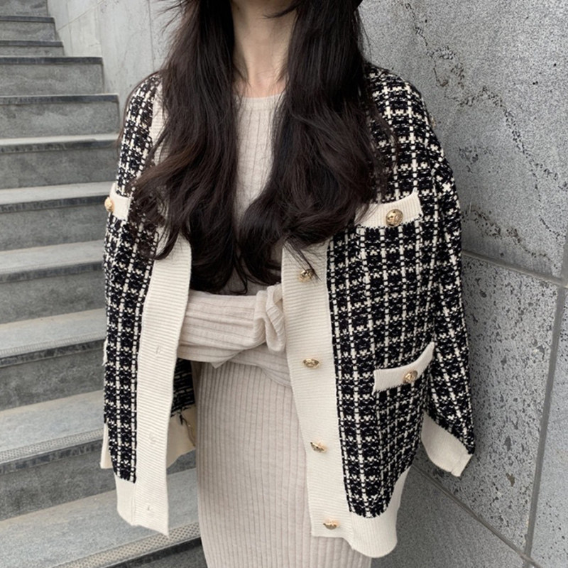 韩国chic秋冬复古千鸟格V领别致单排扣宽松长袖针织开衫毛衣外套,女装/女士精品,毛衣,淘宝优惠券,粉丝福利购,淘宝优惠卷