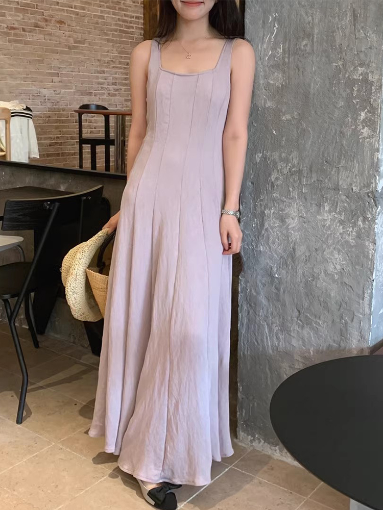 修身显瘦压褶长款吊带背心连衣裙