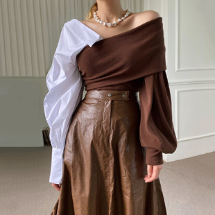 韩国chic小众V领露肩撞色针织拼接泡泡袖 高腰PU皮A字半身裙 上衣
