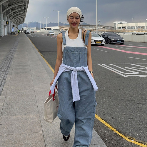 韩国chic夏季新款复古气质竖条纹宽松休闲阔腿牛仔背带连体裤女