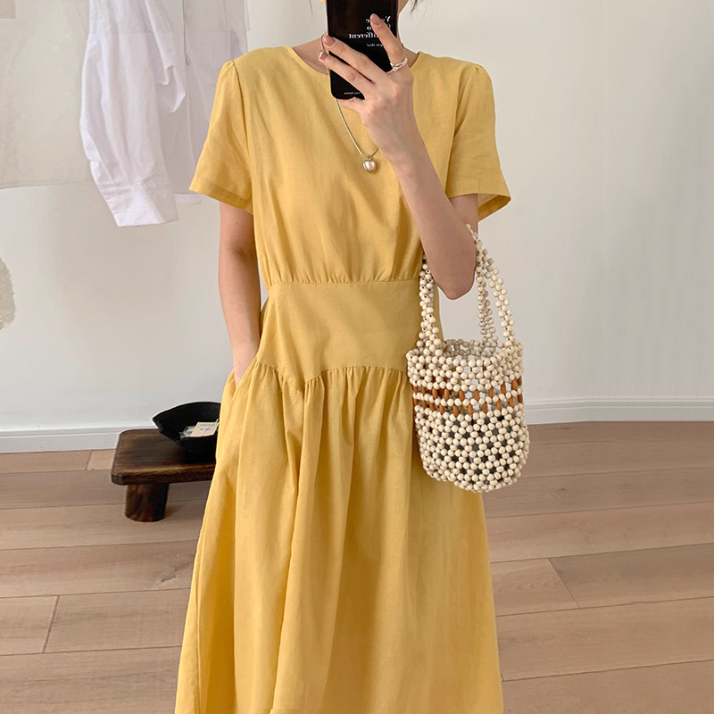 韩国chic夏季复古温柔风圆领收腰显瘦拼接褶皱双口袋短袖连衣裙女,女装/女士精品,连衣裙,淘宝优惠券,粉丝福利购,淘宝优惠卷