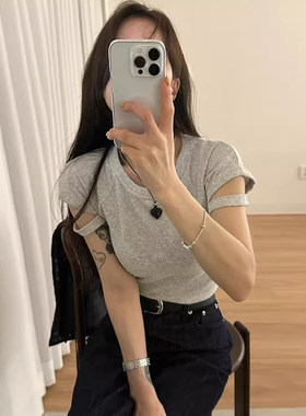 手臂镂空设计修身短袖T恤上衣女