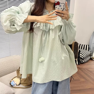 衬衫 良良家 甜美减龄娃娃领荷叶边抽绳毛球泡泡袖 新款 上衣女 春季