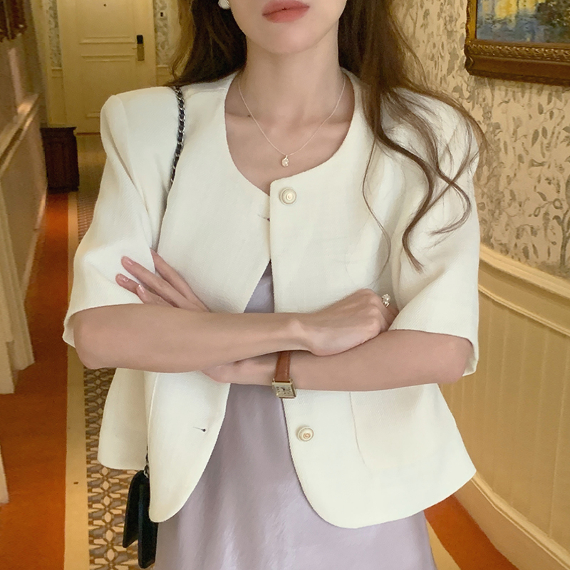 chic圆领单排扣短袖粗花呢外套女