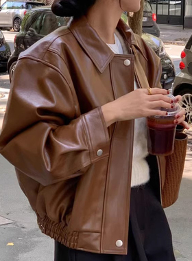 韩国chic秋季新款复古翻领拉链宽松休闲百搭水洗PU皮衣夹克外套女
