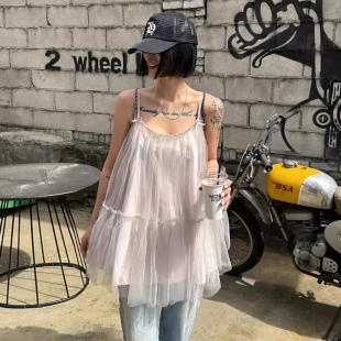 新款 韩国chic夏季 百搭小众设计感拼接假两件网纱吊带背心上衣女