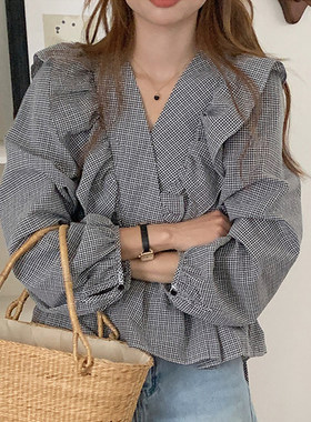 夏季格纹撞色系带收腰长袖衬衫女