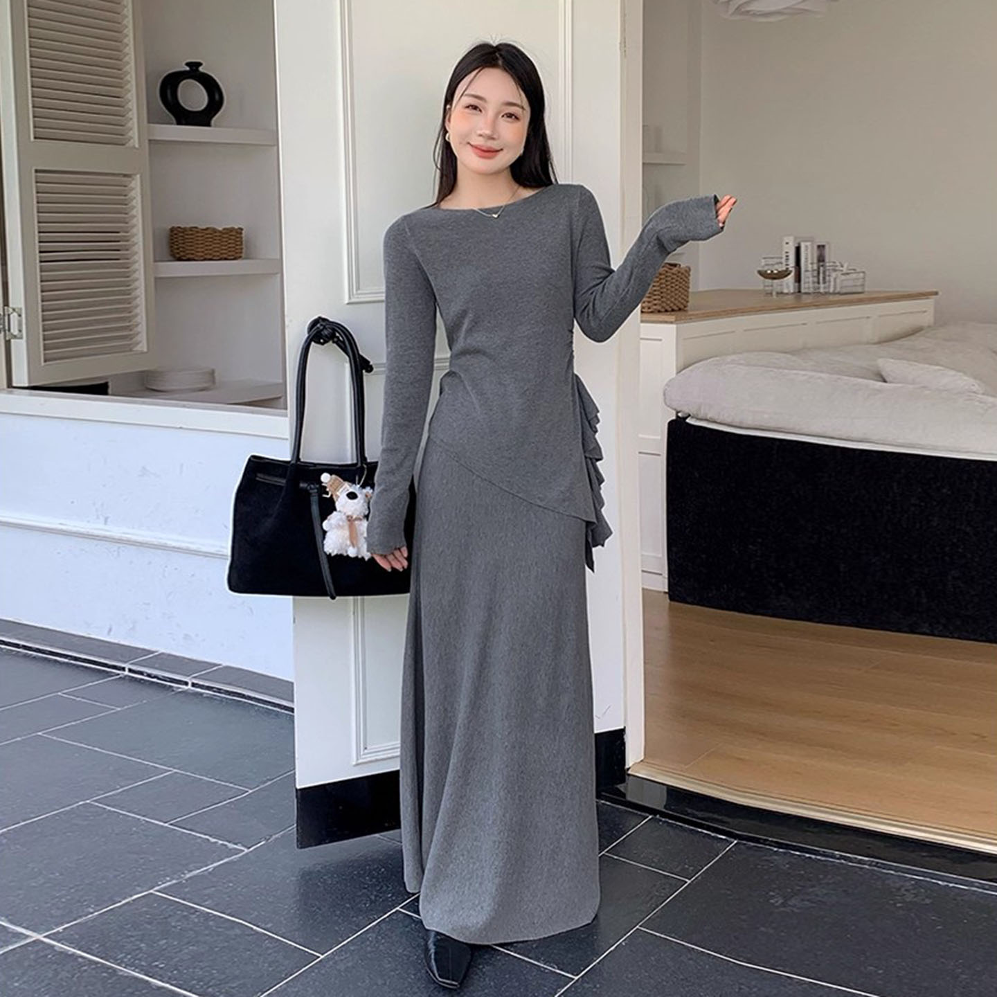 不规则荷叶边针织衫A字半身裙