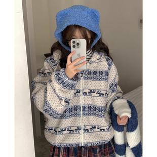 费尔岛撞色提花摇粒绒连帽卫衣外套女2025冬季 百搭羊羔毛棉服 新款