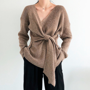 毛衣女 针织衫 韩国chic秋冬法式 设计感不规则交叉绑带收腰显瘦长袖