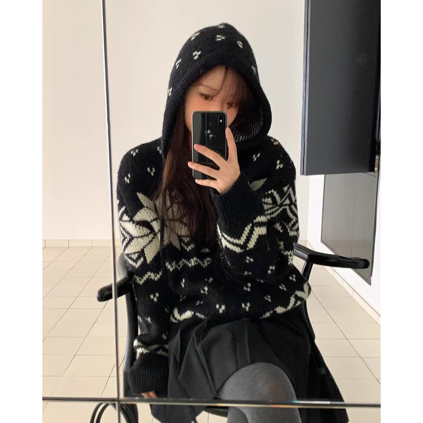 设计感费尔岛提花连帽毛衣开衫外套女2025冬季新款撞色宽松针织衫