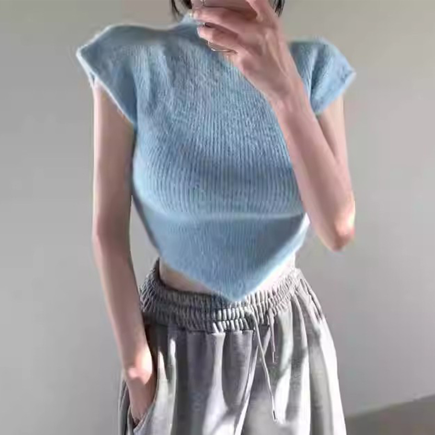 韩国chic春季新款气质百搭圆领不规则修身显瘦短袖针织衫毛衣女,女装/女士精品,毛针织衫,淘宝优惠券,粉丝福利购,淘宝优惠卷