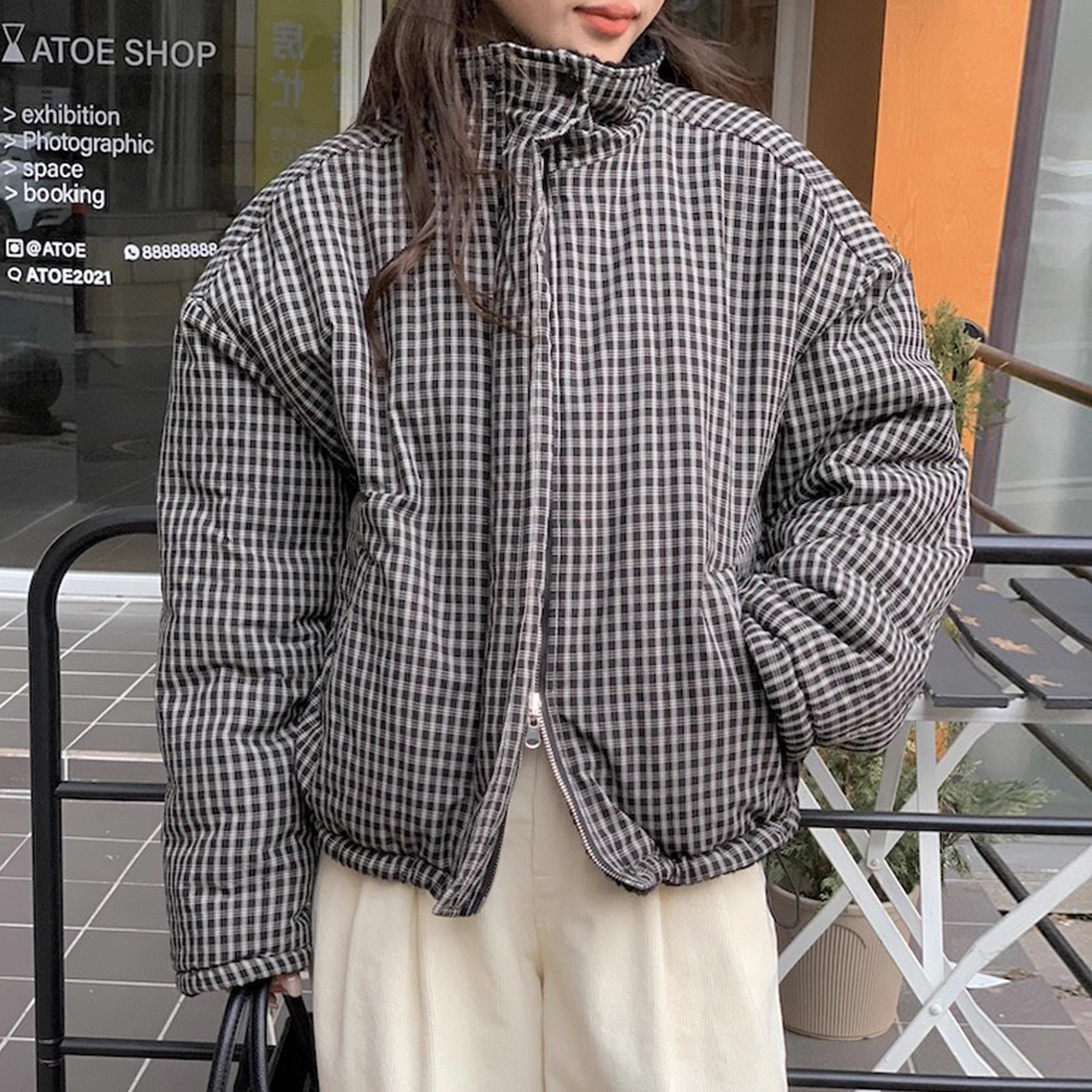 复古立领两面穿撞色格子拉链棉服外套女2025冬季新款小众保暖上衣