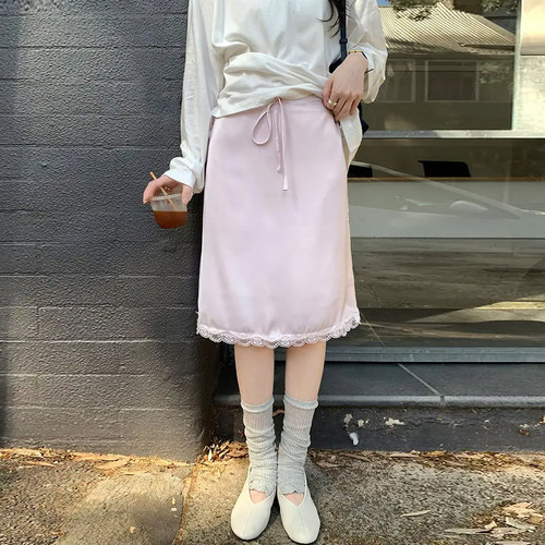 粉色缎面抽绳系带高腰半身裙女
