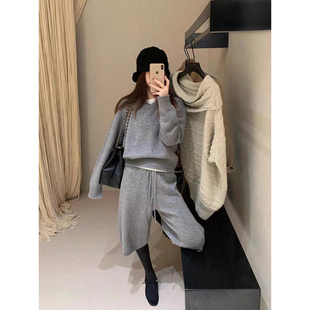 良良家针织套装女宽松慵懒风套头毛衣秋冬季高腰七分阔腿裤两件套