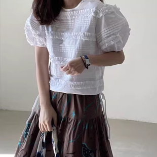 衬衫 温柔风重工木耳边拼接设计褶皱泡泡袖 上衣女 新款 良良家夏季