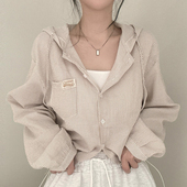 新款 复古气质字母贴布口袋长袖 条纹连帽式 韩国chic秋季 衬衫 外套女