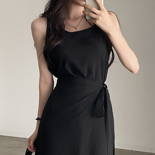 韩国chic无袖长款连衣裙小黑裙女