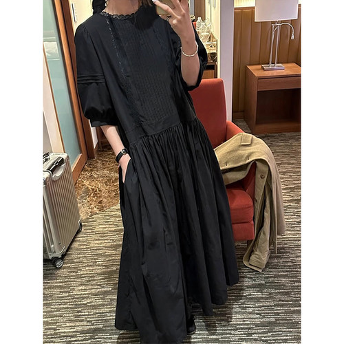 良良家重工打褶泡泡袖连衣裙女