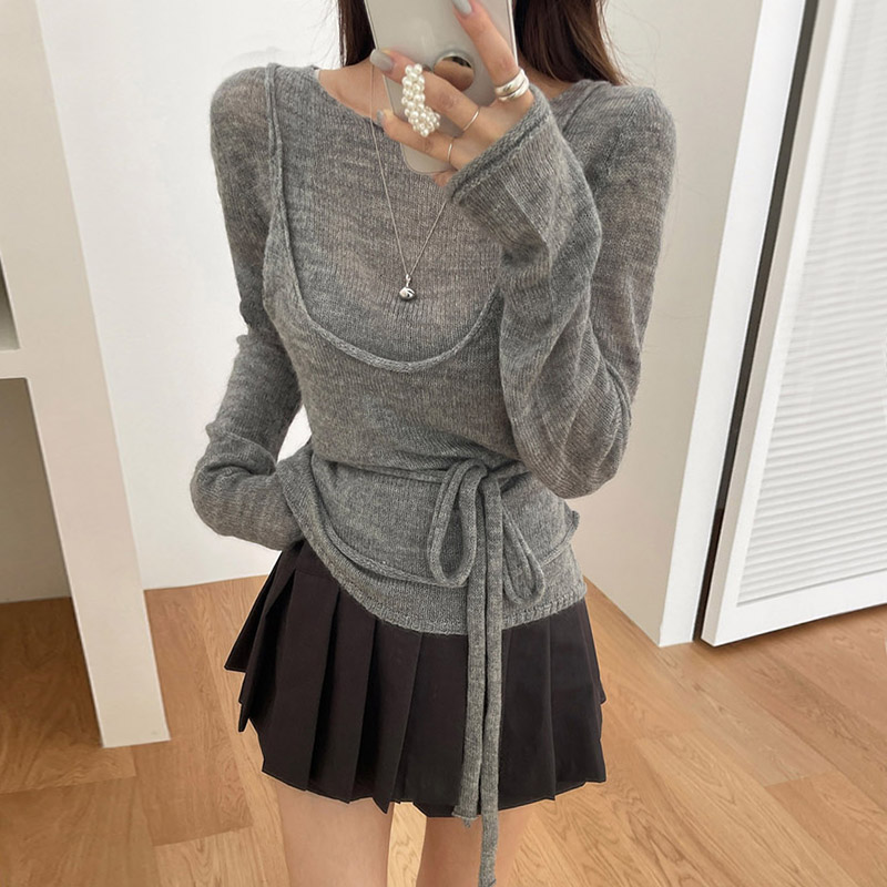 打底针织衫毛衣女+叠穿短款背心