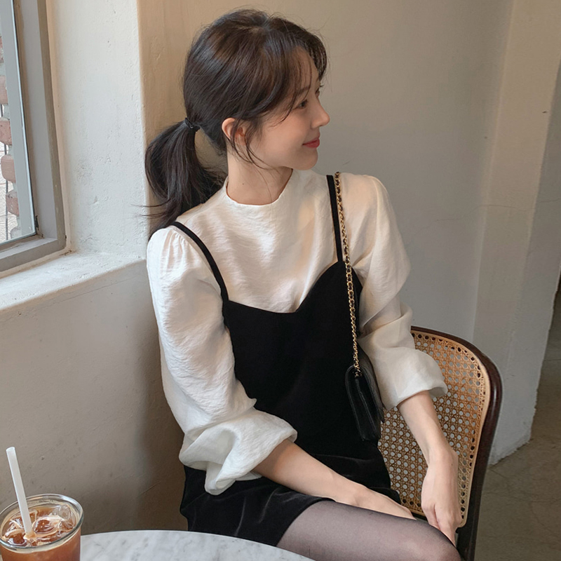 韩国chic春季法式复古圆领丝绒蝴蝶结吊带背心+高腰显瘦A字半身裙