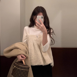 温柔风拼接荷叶边羊羔毛背心吊带女2025冬季新款小众叠穿百搭上衣