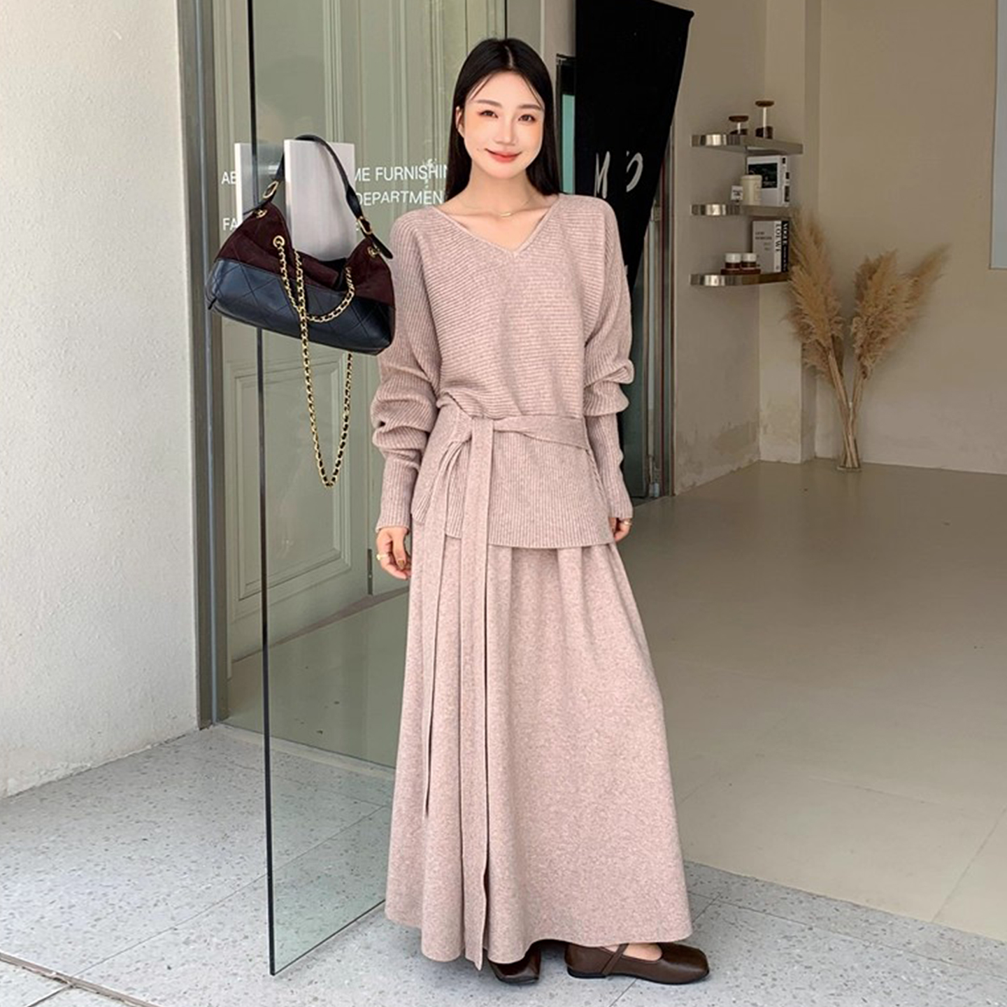 绑带收腰针织衫毛衣+A字半身裙