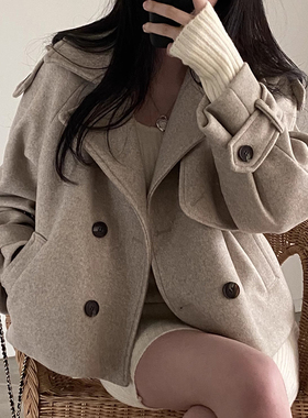 韩国chic秋冬法式复古西装领双排扣口袋小众宽松百搭毛呢短外套女