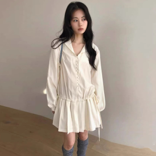 良良家 甜美风抽绳收腰百褶衬衫裙女春季新款宽松显瘦长袖连衣裙