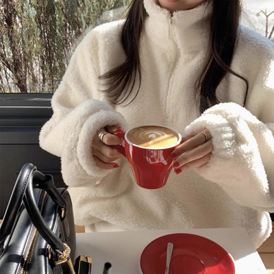 减龄毛茸茸百搭半拉链羊羔毛卫衣