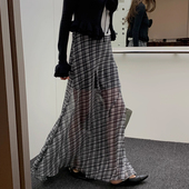 良良家撞色格纹微透雪纺半身裙女夏季 小众复古高腰A字长裙子 新款