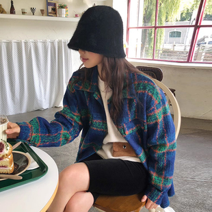 毛呢短外套女 式 韩国chic秋季 小众设计感翻领格纹撞色宽松百搭衬衫