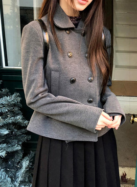 学院风双排扣纯色百搭毛呢外套