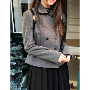 学院风双排扣纯色百搭毛呢外套女秋冬季拼接压褶收腰显瘦呢子西服