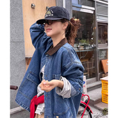 牛仔外套女 复古港风灯芯绒撞色翻领口袋宽松长袖 韩国chic秋季 新款