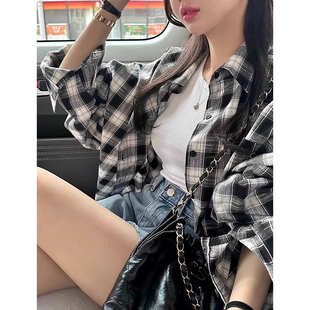 韩国chic春季复古减龄翻领单排扣撞色宽松百搭长袖格子衬衫外套女