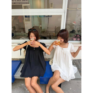 韩国chic夏季甜美减龄方领纹理感系带泡泡袖小个子娃娃连衣裙女