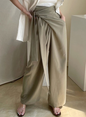 侧边系带垂坠感阔腿裤长裤女