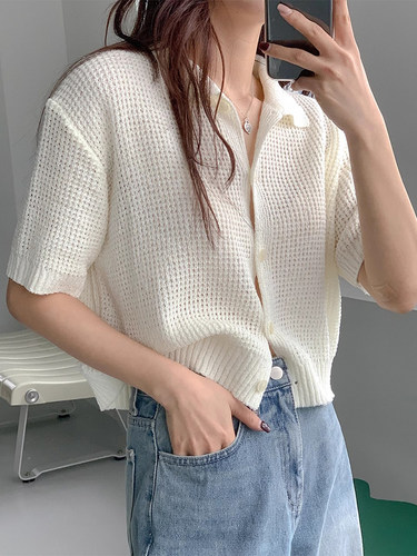 气质百搭polo领针织开衫女