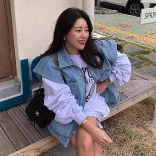 韩国chic春季复古百搭翻领垫肩拉链设计宽松休闲牛仔马甲外套女