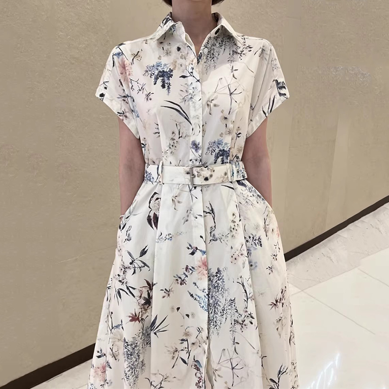 优雅复古水墨印花撞色连衣裙