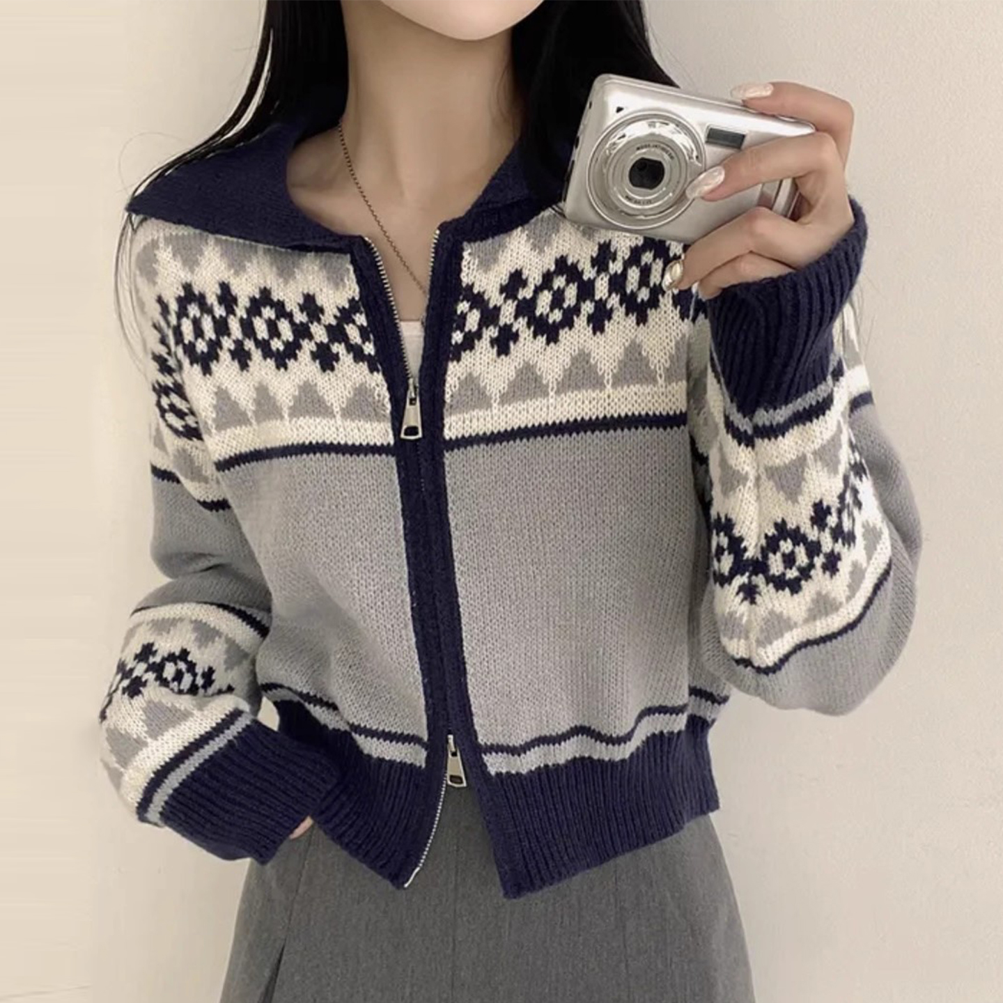 复古娃娃领撞色提花双拉链毛衣外套女2025冬季新款宽松针织衫上衣