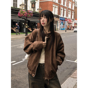 韩国chic秋季新款复古美拉德立领拉链仿鹿皮绒机车服夹克短外套女