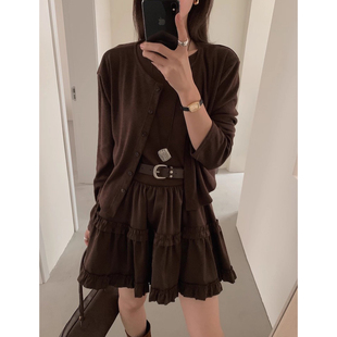 针织衫 时尚 新款 拼接蓬蓬蛋糕背心连衣裙女2025秋季 外套配腰带 套装