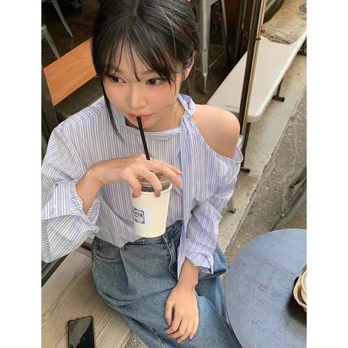 镂空肩系带宽松长袖竖条纹衬衫