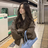 复古帅气翻领宽松休闲百搭拉链式 韩国chic春季 新款 夹克皮衣外套女