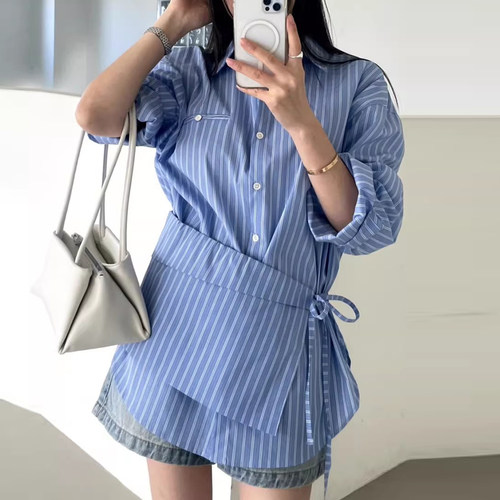 竖条纹长袖衬衫一片式裙帘两件套