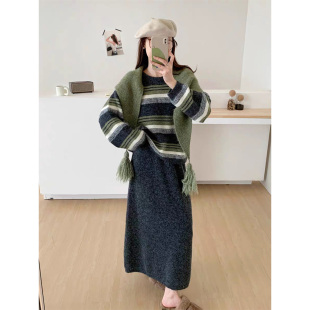 良良家针织套装复古条纹披肩毛衣女秋冬新款高腰直筒半身裙三件套