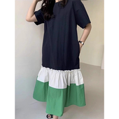 韩国chic小众慵懒风木耳边拼接撞色设计宽松中长款 连衣裙女 短袖