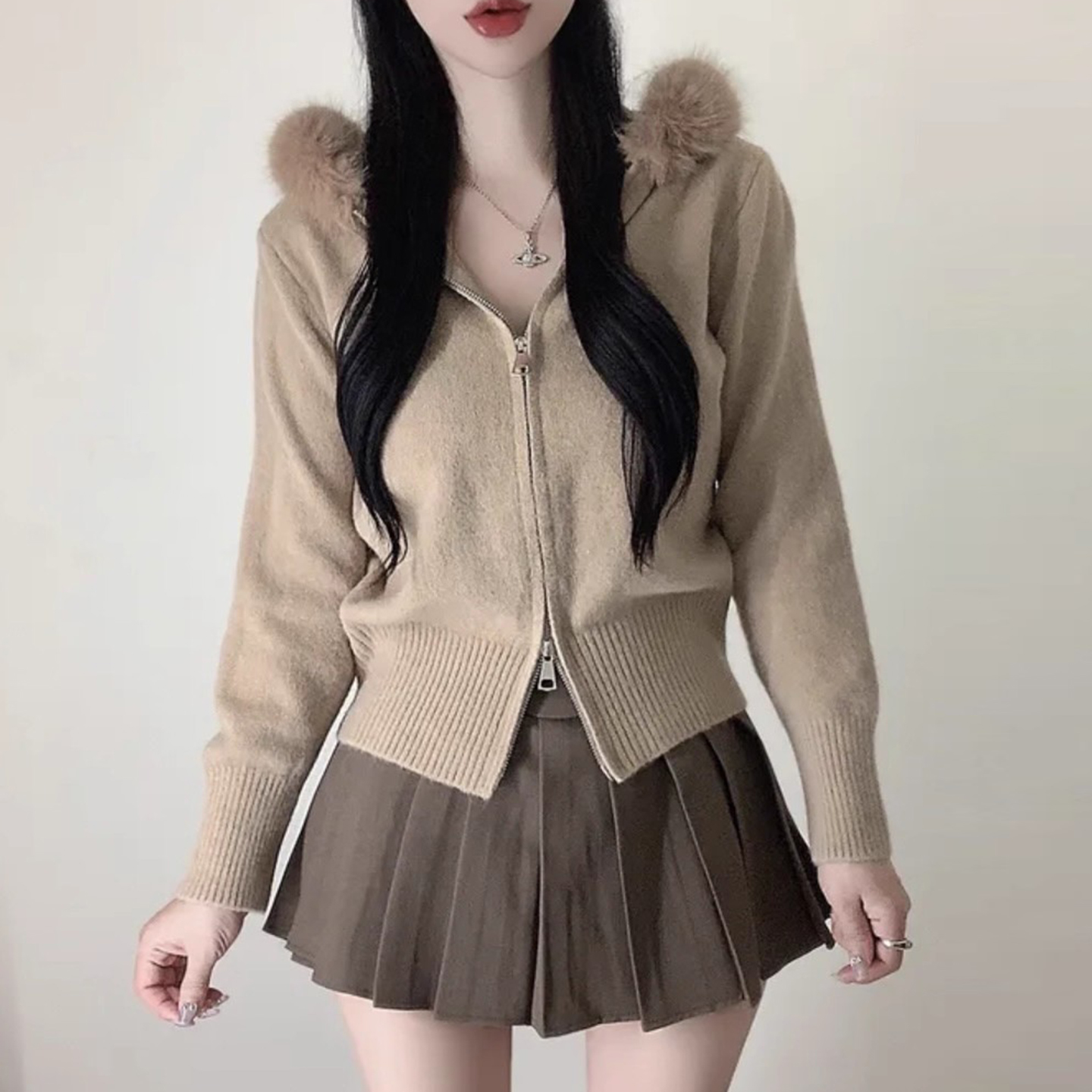 双拉链大毛领连帽毛衣外套